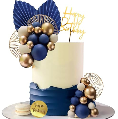 Decoración para Tartas Cumpleaños Boho, Decoración Tarta con Bolas Decorativas, Hojas de Palma Doradas, Adornos para Pastel Fiesta, Decoración de Tarta Boda Bautizo Niñas (Azul, blanco y dorado)