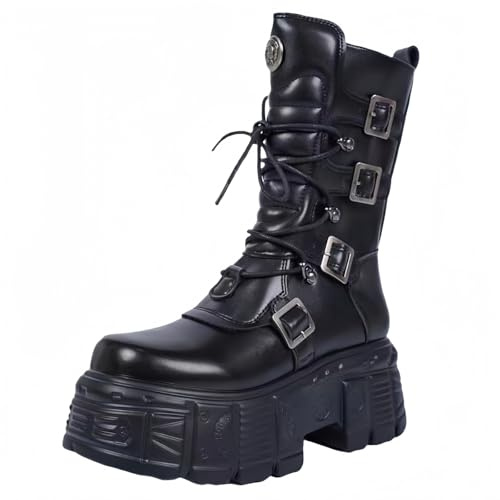 FQLGJMY Mujeres rodilla alta cuña plataforma botas con tacón alto grueso encaje y cremallera Punk gótico medio ternera botas de combate moto botas con hebillas de metal para otoño invierno