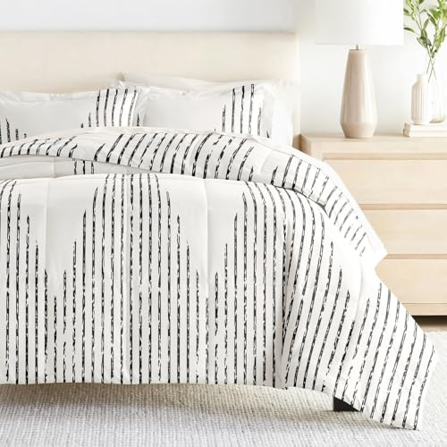 LINENS & HUTCH Bedding Bundle, Patterned Microfiber Comforter Set and Solid Sheet Set - Queen Diamond Stripe Gray