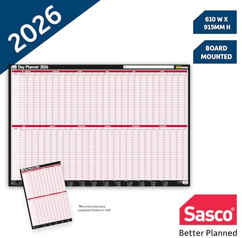 Sasco 2026 Day Wall Planner – Board Mounted Year Calendar with Wet Wipe Pen & Stickers, 91.5x61cm, Black & Red – Daily Tracking – 2026 Calendar Designed for Office Scheduling and Task Management