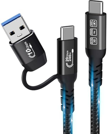 Cable USB C, USB 3.2 Gen 2X2 20Gbps, Multifunción 2 en 1 USB A a Tipo C 8K@60Hz Vídeo UHD 5A/240W PD3.1 Carga Rápida Compatible con Thunderbolt 3/4 MacBook Pro Samsung