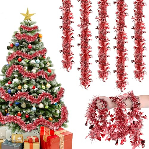 Joxessaien Espumillón para árbol de Navidad, 8 unidades × 2 m, guirnalda de 16 m, decoración navideña con campanas, decoración para interior y exterior (rojo)