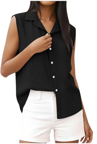 Wyongtao Chemise Femme sans Manches Coton Et Lin T-Shirts Coton Et Lin pour Femmes Revers Bouton Débardeur Couleur Unie Respirant Chemisiers Et Blouses Grande Taille Top Tunique Blouse avec Poche