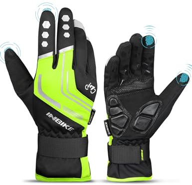 INBIKE Gants Velo Homme VTT Hiver Cyclisme de Route Chaud Thermique Impremeable Tactile Femme Gant Cycliste Chauffant Travail Gel Rembourre Coupe-Vent Vert L