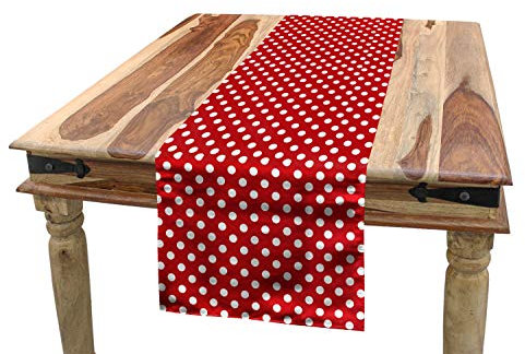 ABAKUHAUS Retro Tischläufer, Tupfen Kreisformen, Esszimmer Küche Rechteckiger Dekorativer Tischläufer, 40 x 180 cm, Rot Weiß
