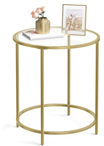VASAGLE Round Side Table, Glass End Table with Metal Frame, Gold Coffee Table with Modern Style, for Living Room, Balcony, Bedroom, Gold Color