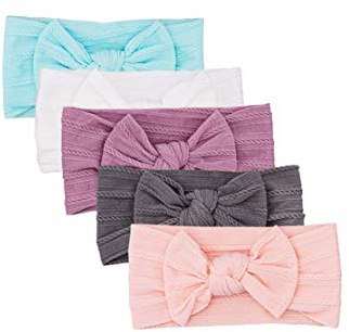 Parker Baby Cable Knit Nylon Headbands 5 Pack | Soft, Stretchy & Comfortable Bows for Girls | Adjustable, Soft to Touch & Knotted Headbands for Baby Girls | Baby Headwraps for Girls | Multiple Colors