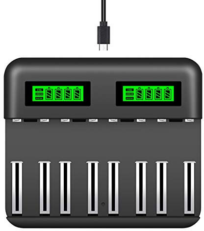 Snado Cargador de batería AA AAA C D, cargador rápido inteligente de 8 ranuras con pantalla LCD para pilas recargables AA AAA C D Ni-MH/Ni-Cd con puerto USB tipoC y función de prevención de sobrecarga
