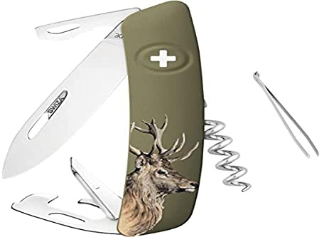 SWIZA Schweizer Messer, Stahl 440, Sicherheitsarretierung, 12 Funktionen, olivfarbene Anti-Rutsch-Schalen, Hirschmotiv, Mehrfarbig, normal