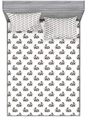 ABAKUHAUS Hase Buntes Spannbetttuch- und Kissen-Set, Sketch Artwork Wildlife Hare, Dekoratives und Bedrucktes 3-teiliges Bettwäscheset, 180 cm x 200 cm, Dunkelbraun und Weiß