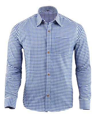 Speed4allkinds Traditionell skjorta, herrkostym, skjorta, fritidsskjorta, bomull, oktoberfest, rutig skjorta, outfit, långärmade dräkter, skjortor, Wiesn outfit män, grå, blå, röd (S till 4XL), Blå