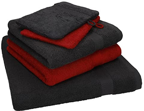 Betz 5 TLG. Handtuch Set Single Pack 100% Baumwolle 1 Duschtuch 2 Handtücher 2 Waschhandschuhe Farbe Graphit Grau - Rubinrot