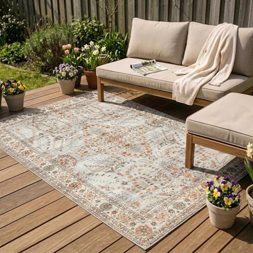 FRAAI | Home & Living Vintage Gartenteppich - Santo Flora Hellgrau - Wetterfest - Polyester - 120x170 cm - Balkon, Garten/Terrasse - Terrasse Teppich - Outdoor Rug