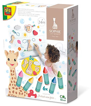 SES Creative | Sophie die Giraffe Baby Badestifte | 6 abwaschbare Badekreiden + 5 Schaumstofffiguren | Kreatives Badespiel | Fleckenfreies Zeichnen in der Badewanne | Ab 2 Jahren