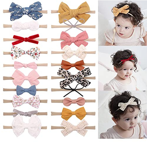 20PCS Baby Girls Headbands Hair Bows Nylon Hairbands Flowers Patterns Handmade Hair Accessories for Newborn Infant Toddlers Little Girl and Kids