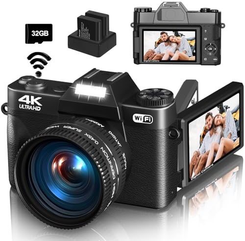 Cámara digital 4K para fotografía y vlogging, cámara de YouTube de 56 MP con WiFi, visualización abatible de 3 pulgadas y 180 °, zoom digital 16X, gran angular de 52 mm y lente macro, tarjeta TF de 32