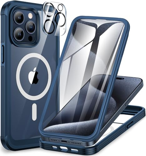 CENHUFO Compatible with iPhone 15 Pro Max Case Built-in Glass Screen Protector with Camera Lens Protector, 360 Full Body Protective Phone Case for iPhone 15 Pro Max Case Shockproof -Blue