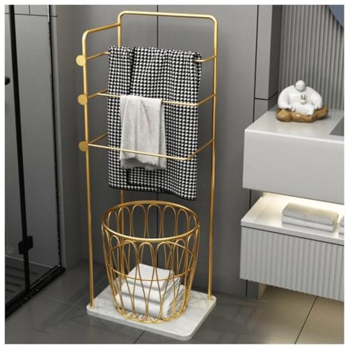 Handtuchständer Freistehend Handtuchleiter Stehend Handtuchständer Aus Metall Mit Wäschekorb, Freistehender Handtuchhalter Mit Marmorsockel Für Die Waschküche Handtuchhalter Stehend ( Color : Gold )