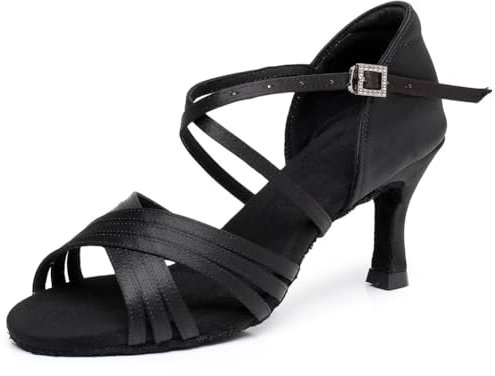SWDZM Latein Tanzschuhe für Damen Professionelle Tanzschuhe Ballsaal Party Salsa Tanzübung Performance Schuhe,Schwarz,Ferse 7cm,Wildledersohle,41EU