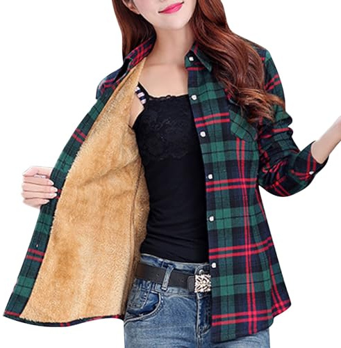 M-5Xl - Camicia da donna in flanella, foderata in pile, a maniche lunghe, in flanella, con bottoni, a quadri, casual, a quadri, per le mezze stagioni, per il tempo libero