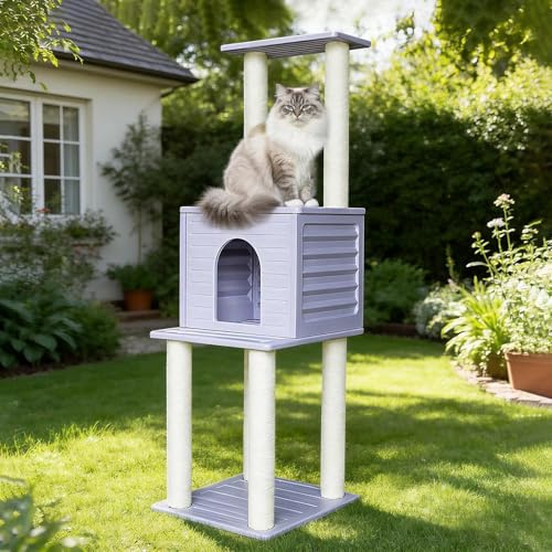 MAOHEGOU 61.5” Indoor and Outdoor Cat Tree Tower, Cat House for Outdoor Cats, Weatherproof Large Cat Condo with Scratching Posts for Catio