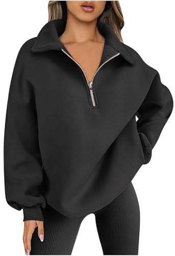 1/4 Zip Pullover Women Women's Half Zip Sweatshirts Long Sleeve Stand Collar Pullover Solid Color Jumpers Streetwear Shirts Sports Running Tops Jacket Sportswear Streetwear Loose Ladies Blouses Black