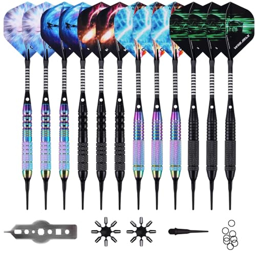 WIN.MAX Set di freccette con punta in plastica, punta morbida, 12 pezzi, 18 g, con 100 punte extra per freccette, 12 alette protettive e chiave inglese