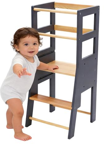 Toddler Learning Tower,Kitchen Wooden Step Stool for Kids,Adjustable Height,Safety Bar,Learning Standing Tower,Bathroom Helper Montessori,Easy to Install,Triangle Stable Structure,Dark Grey