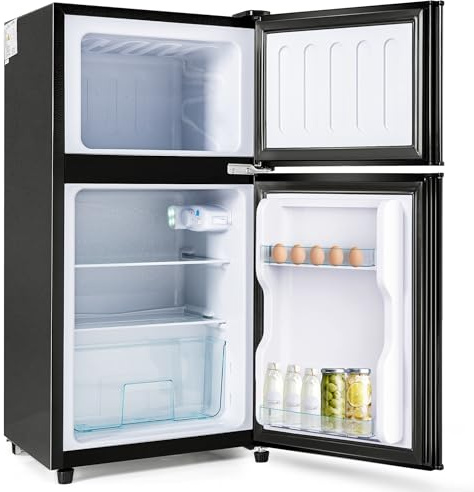 Ymkua Frigorifero Combinato 60 L (22+38), Frigorifero Piccolo, Mini Frigo Bar con LED Interna e Ripiani Rimovibili, 86,8x45,5 cm Frigo Da Camera, Freezer Separato Doppia Porta, 102 kWh/anno (Nero)