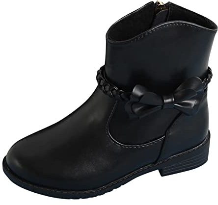 Generisch Stivali western con cerniera laterale per ragazze con decorazione a fiocco, dettagli intrecciati, stivaletti per bambini, stivaletti da equitazione con tacco basso cerniera, Nero , 31 EU