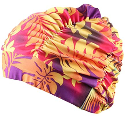 Pleated petal fabric swimming cap swimming beach seaside protection long hair ear cap girls ladies adult hats For Men's and Women's(COLOR:orange leaf)