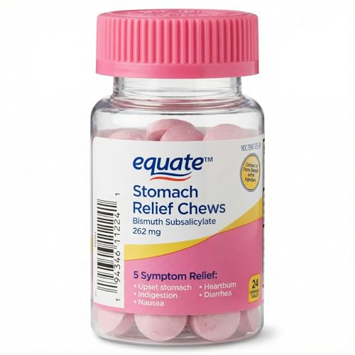 Stomach Relief Chewable Tablets – 24 Count, Bismuth Subsalicylate 262mg, Upset Stomach and Diarrhea Relief for Adults, Chewable Stomach Pills, Travel Digestive Relief (Pack of 1)