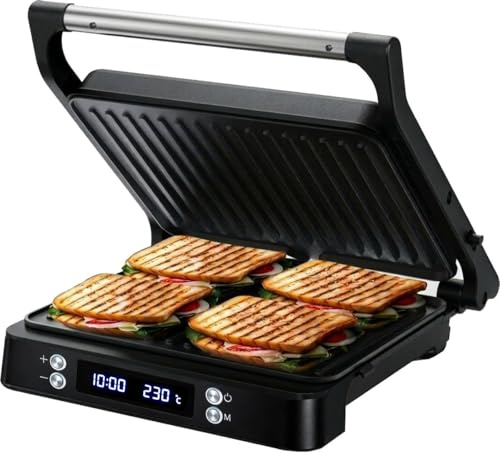 Olvy Grill digitale a contatto con piastre antiaderenti, macchina per panini 3 in 1, griglia aperta a 180°, temperatura regolabile, timer, ampia area di cottura, manico Cool-Touch, Negro