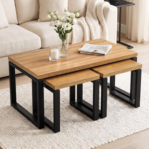 Blisswood Nesting Coffee Table Set of 3, Industrial Sofa Side Tables with 35mm Thick Wood Top, Metal Frame Legs & Slide Under Design, Space Saving Modern Centre & Side Tables for Living Room, Oak