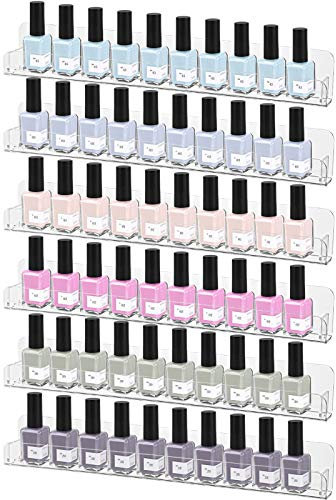 Hedume 6 Pack Nail Polish Rack Wall Mounted Shelf with Removable Anti-slip End Inserts, Nail Polish Wall Rack Shelves, Clear Acrylic Nail Polish Organizer Display for 70-90 Bottles