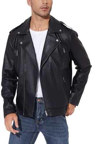 Fahsyee Lederjacke Herren, Kunstlederjacke Bomber Männer Motorrad Revers Zip-Up Slim Fit Biker Mantel Schwarz M