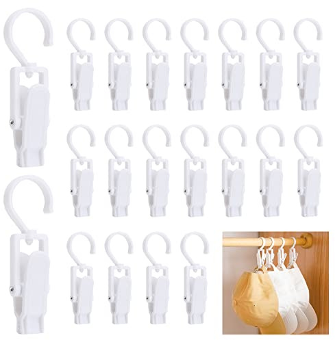 Ganci Per Bucato, 20 Pezzi, Clip Portatili In Plastica Antiscivolo Con Gancio Girevole a 360 Gradi Per Vestiti, Tenda, Asciugamano, Cappello, Lenzuola, Cappotto (Bianco)