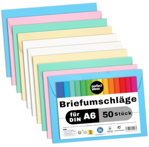 perfect ideaz 50 Briefumschläge Pastell DIN-C6 ohne Fenster, für DIN A6 aus Recycling-Papier, 5 Farben, Made in Germany