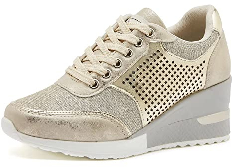 GYCS Scarpe Sportive Zeppa da Donna Piattaforma Sneakers con Lacci Casual Tacco 8cm Casual Moda Fitness Scarpe da Ginnastica Trainers,d'oro,36EU