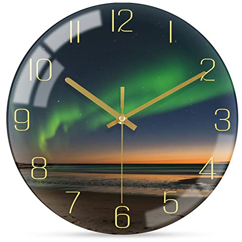 WONZOM Groß Modern Wanduhr, 30cm Ohne Tickgeräusche Lautlos Glas Uhr, Schwarz und Gold Wand Deko für Wohnzimmer/Küche/Badezimmer/Schlafzimmer (Aesthetic Aurora)