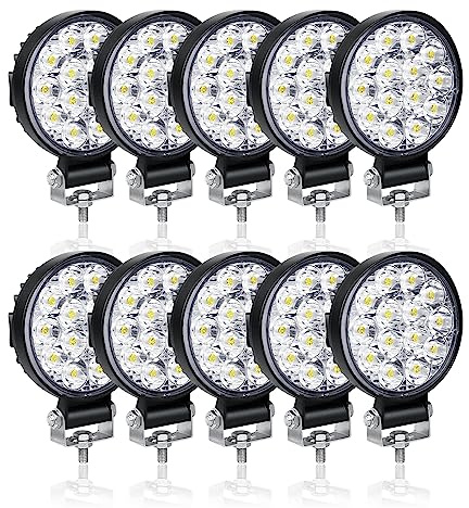 RIGIDON 10 Pcs Rond Phare de Travail led, 3.2 pouces 42W mini Projecteur lumière 12V 24V lampe de travail led pour 4x4 Offroad Voiture Camion Tracteur SUV Bateau, 6000K Spot feux antibrouillard