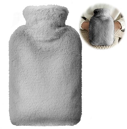 OVOOKER Bolsa de Agua Caliente con Suave Felpa Funda - Botella de Agua Caliente de 2L a Prueba de Derrames con Bolsillo Canguro, Calentadores de Manos para Niños y Adultos, Proporcionar calor, Gris