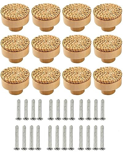 Tiradores de Madera Ratán - 12 Piezas Pomos Con Tornillos 25mm/30mm - Para Muebles, Armarios, Cajones, Salón 40mm