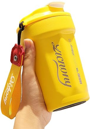 480ml Thermo-Kaffeebecher, Doppelwandig Vakuum-Isolierbecher mit Deckel und Trageriemen, 100% Dicht Auto-Becher aus 316 Edelstahl, Thermosbecher für Eis-/Heißgetränke (Gelb)