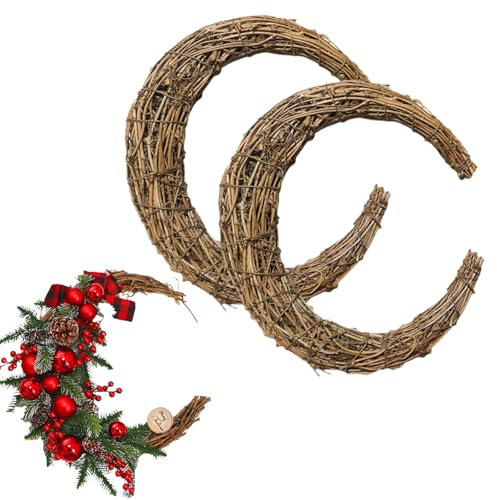 Beavorty 2pcs Rattan Garland Moon-Shaped Wreath Rattan Frame Grape Wreath Half Eid Door DIY Grapevine Ring Wicker Natural Decorative Flower Ring