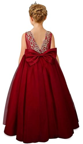 PLWEDDING Elegante vestido de niña de flores bordado de encaje para la boda niños V-espalda vestido de bola con lazo, Borgoña, 8-9 Years