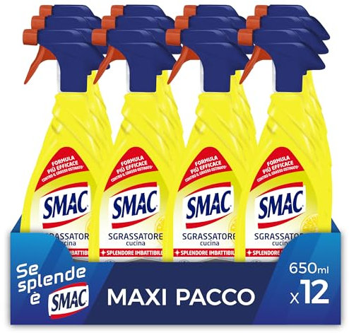 Smac - Sgrassatore Cucina al Limone, Detergente Spray Multisuperficie con Azione Sgrassante e Tecnologia Zero Aloni, 650 ml x 12 Pezzi