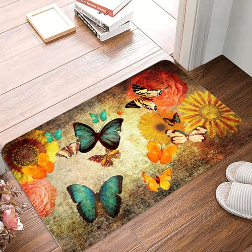 Schmutzfangmatte 60x90cm Retro Gelber Schmetterling Fussmatte Innen rutschfeste Fussmatte Aussen Fußmatte Waschbar Fußmatten Haustür Türmatte für Flur Küche Haustiere Fußmatte Außen