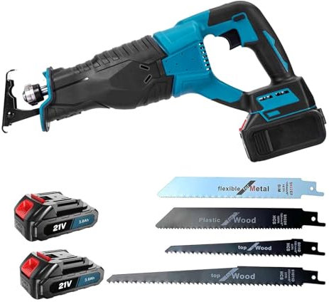 Scie sabre sans fil, 18V Scie Sabre Professionnelle avec 2×3000mAh Batteries et chargeur, 4 Lames, Vitesses Réglables 0-3000SPM, course de lame 32 mm, Épaisseur de sciage 200 mm (2×Batteries)