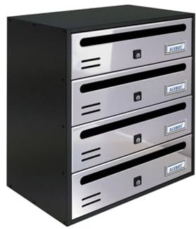 ALUBOX Cubo Buzones Comunitarios 4 Compartimentos 43x38,5x25 cm de Chapa Galvanizada Buzón Comunitario Horizontal para Interior y Exterior Protegido (Antracita Y Acero Inoxidable Espejo)